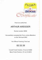 Zertifikat London Marathon vom 14.04.2002  42,195 km in 2:32:39